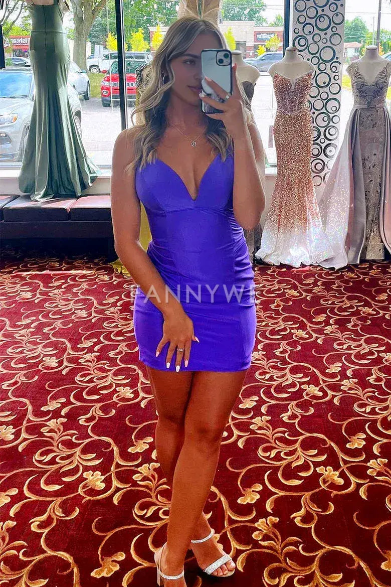 FannyWe Simple Regency V-Neck Bodycon Short Party Dress formal wear dresses